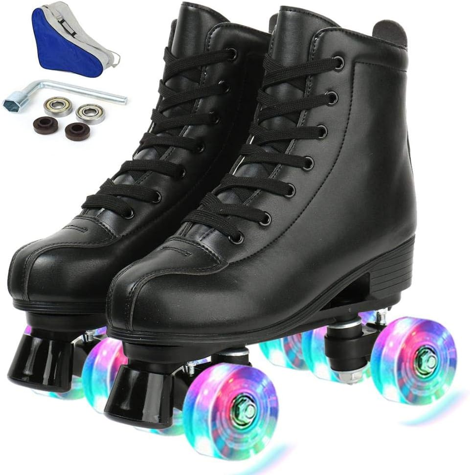 Roller Skates for Women Men, High Top PU Leather Classic Double-Row Roller Skates, Indoor Outdoor Roller Skates for Beginner a Shoes Bag